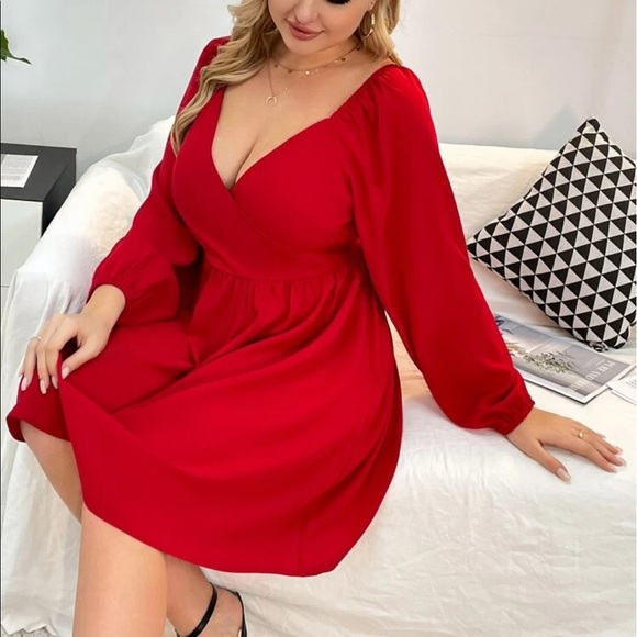 Rose red plus size bishop sleeve mini dress - Picture 6 of 15